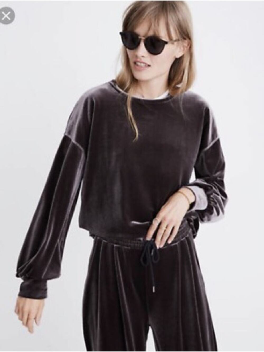 Madewell Velvet Balloon Sleeve Sweatshirt Pullover Dark Metal Size Small